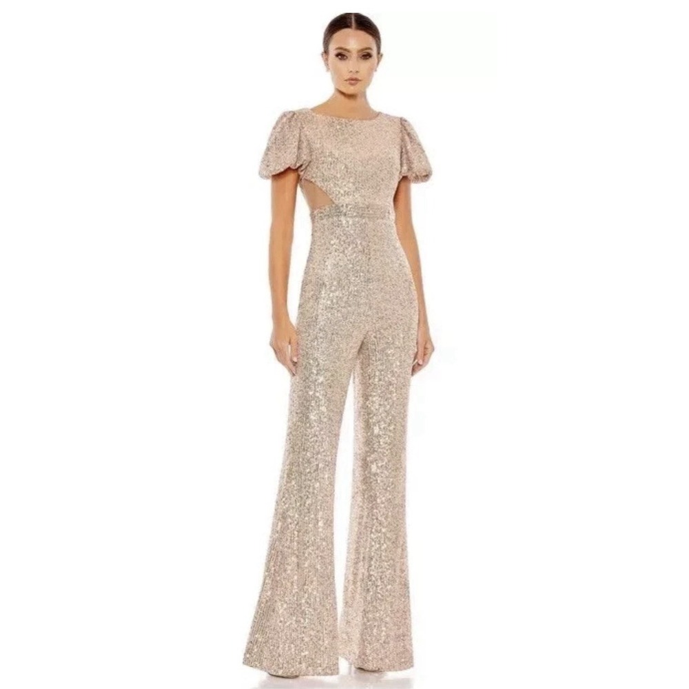 Mac Duggal Sequined Puff Shoulder Illusion Cutout Jumpsuit Blush 11273 Size 4